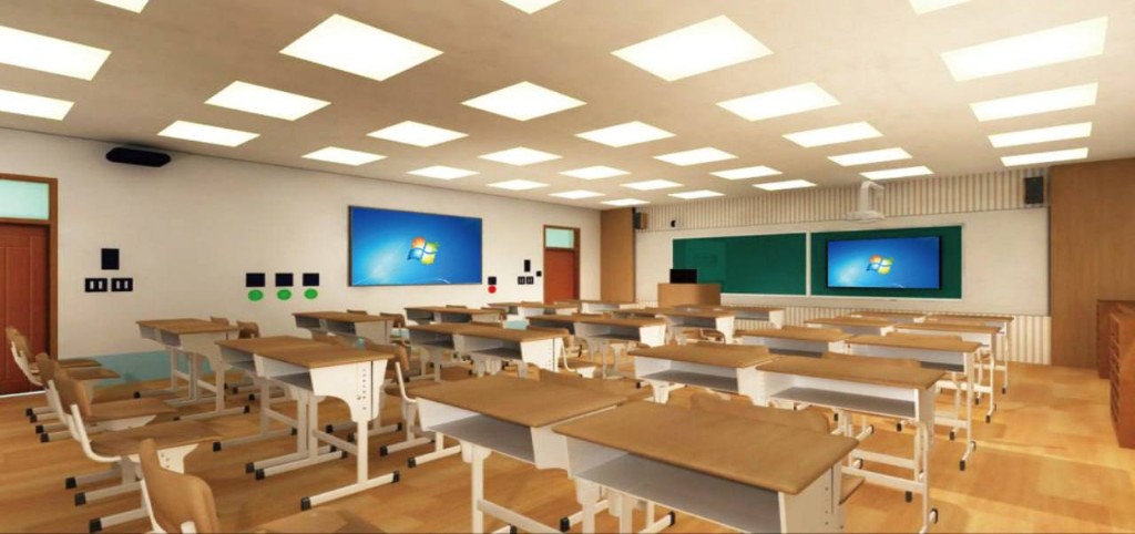Classroom with interactive wall displays