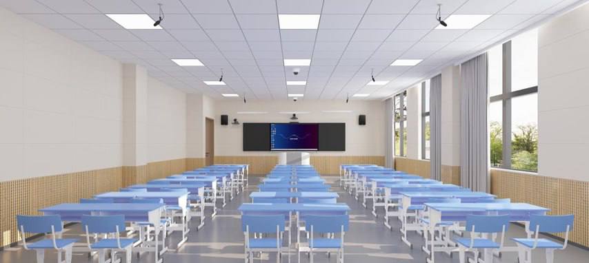 Classroom with rows of student desks