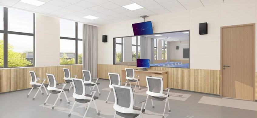 Seminar room with a hanging display
