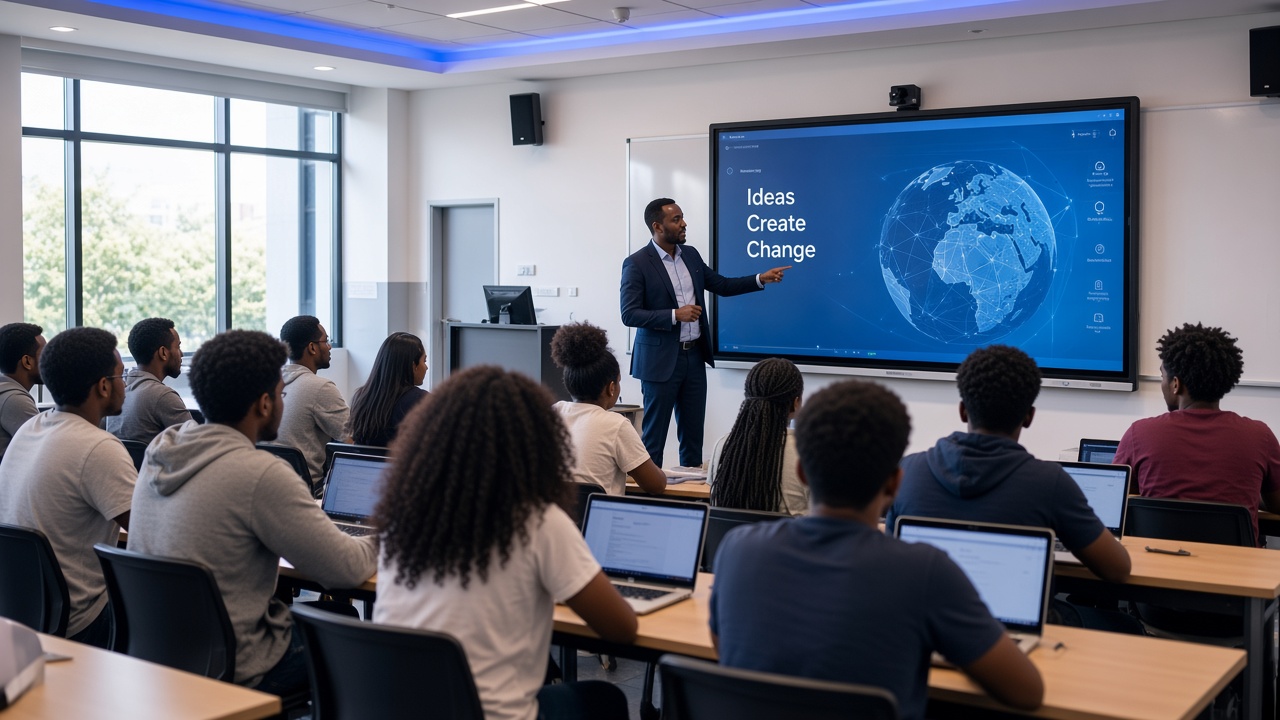 Instructor teaching in a connected smart classroom