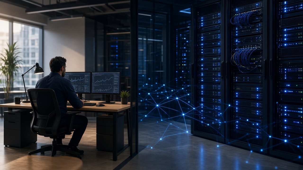 Network engineer beside server racks