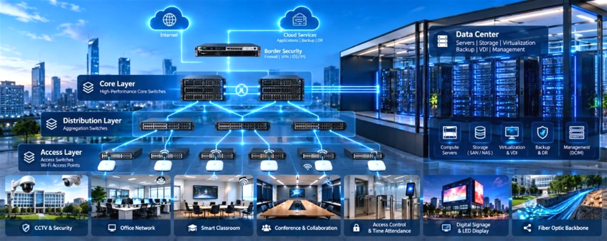ICT infrastructure architecture from internet and cloud through core, distribution and access layers to CCTV, office network, classrooms, collaboration, access control, digital signage and fiber